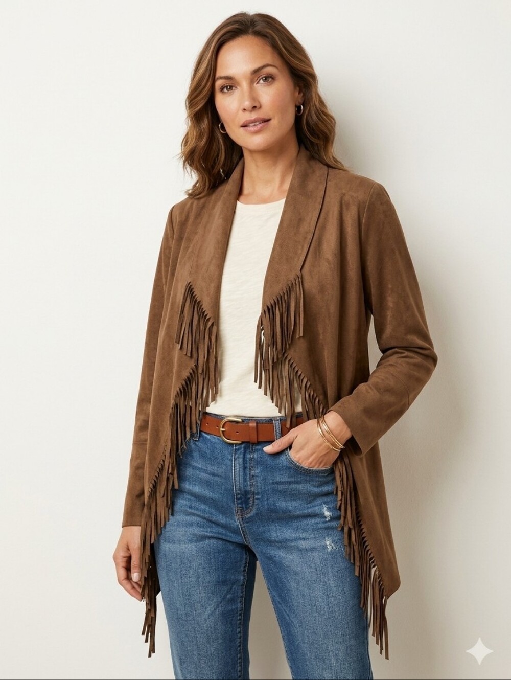 Ruby Rd. Brown Ultrsuede Fringe Draped Jacket